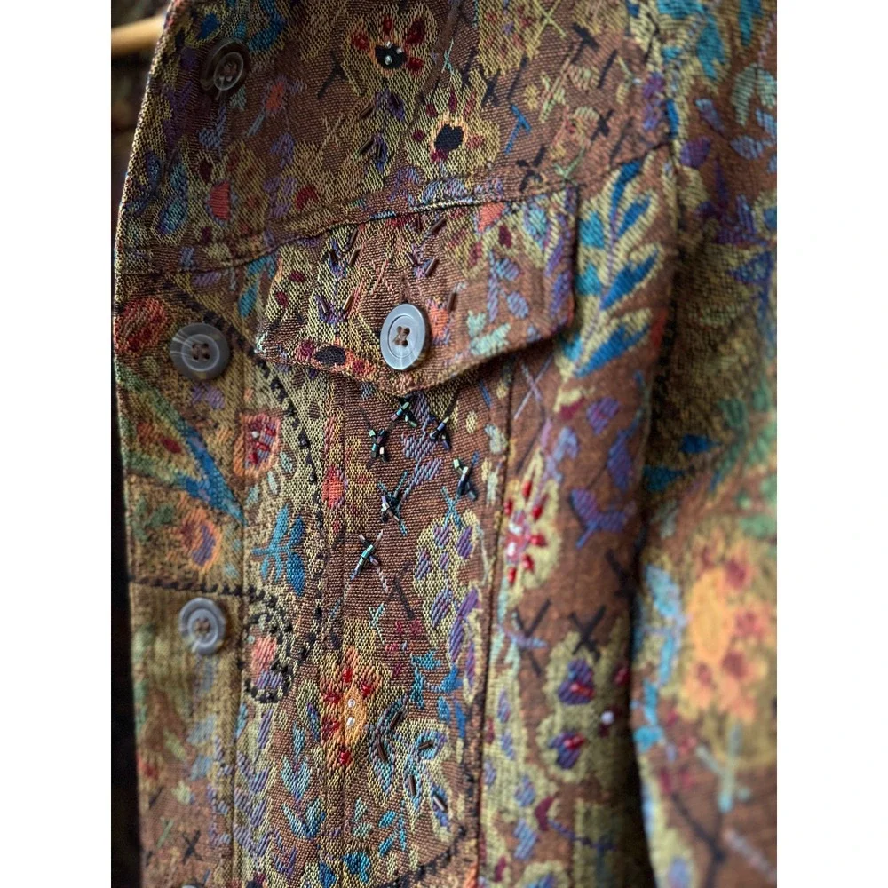 Vintage Y2K Coldwater Creek Tapestry Jacket PS Boho Beaded Floral Paisley Fall